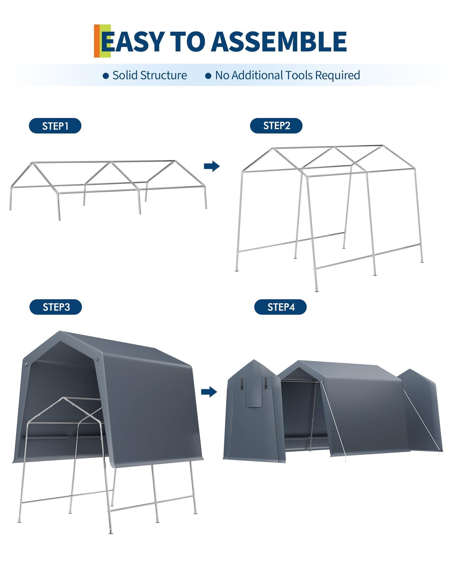 7 x 10 Ft Carport Portable Storage Shed Outdoor Tarp Sheds with Roll-Up Door, Bike Shed ATV Storage Tent for Motorcycle, Car, Garden Tools Grey