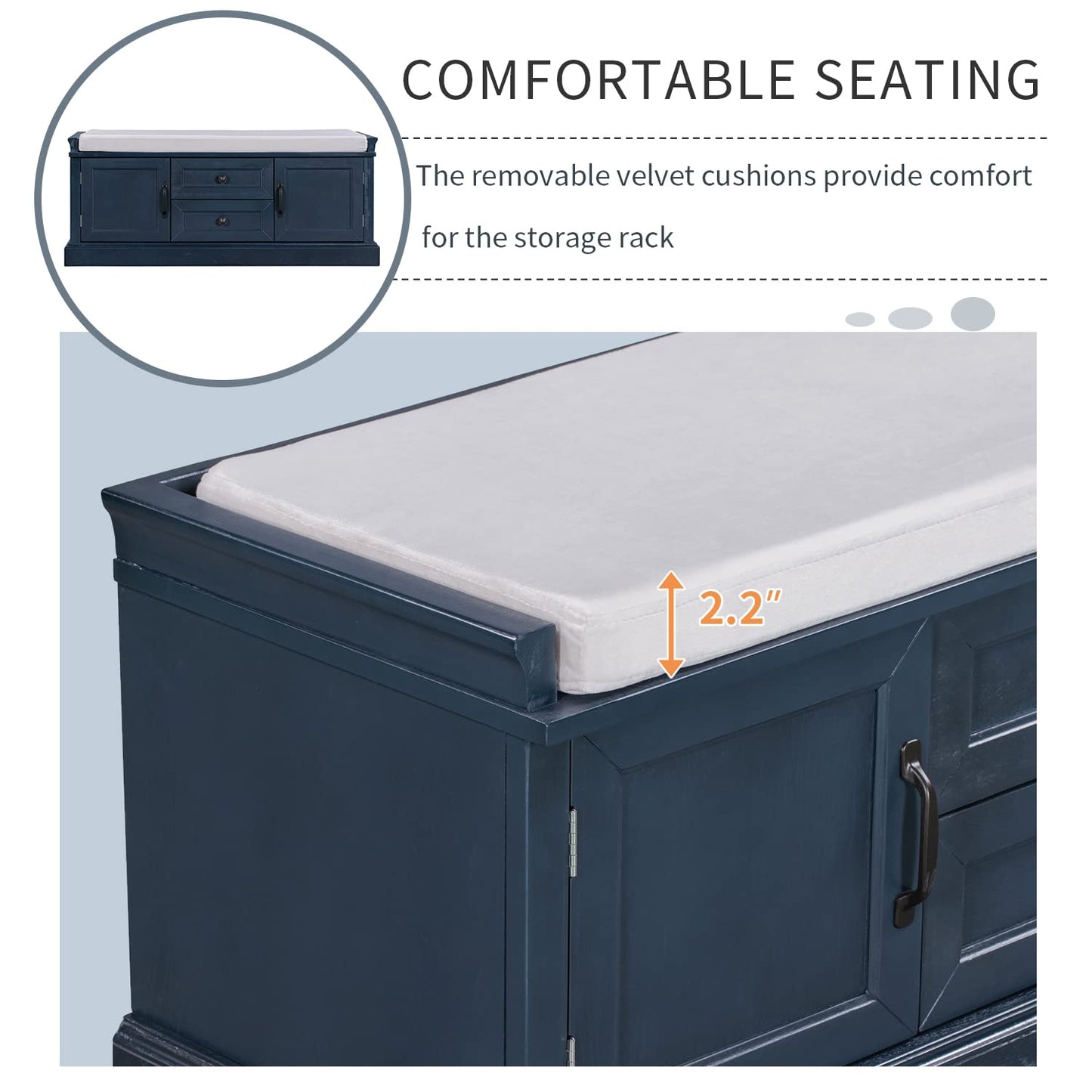 Acosure 42″ Storage Bench with 2 Drawers and 2 Cabinets，Multipurpose Entryway Shoe Rack W/Removable Cushion，for Living Room Hallway Porch,Antique Navy
