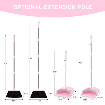 Pink Broom and Dustpan Set for Home, 52-in Long Handle Broom with Dustpan Combo with Dustpan Teeth Easy to Scrape Off Pet Hair, Indoor&Outdoor Sweeping（Pink）