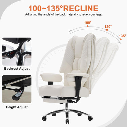 EXCEBET Big and Tall Office Chair 400lbs Wide Seat, Leather High Back Executive Office Chairs with Foot Rest, Ergonomic Lumbar Support for Lower Back Pain Relief (White)