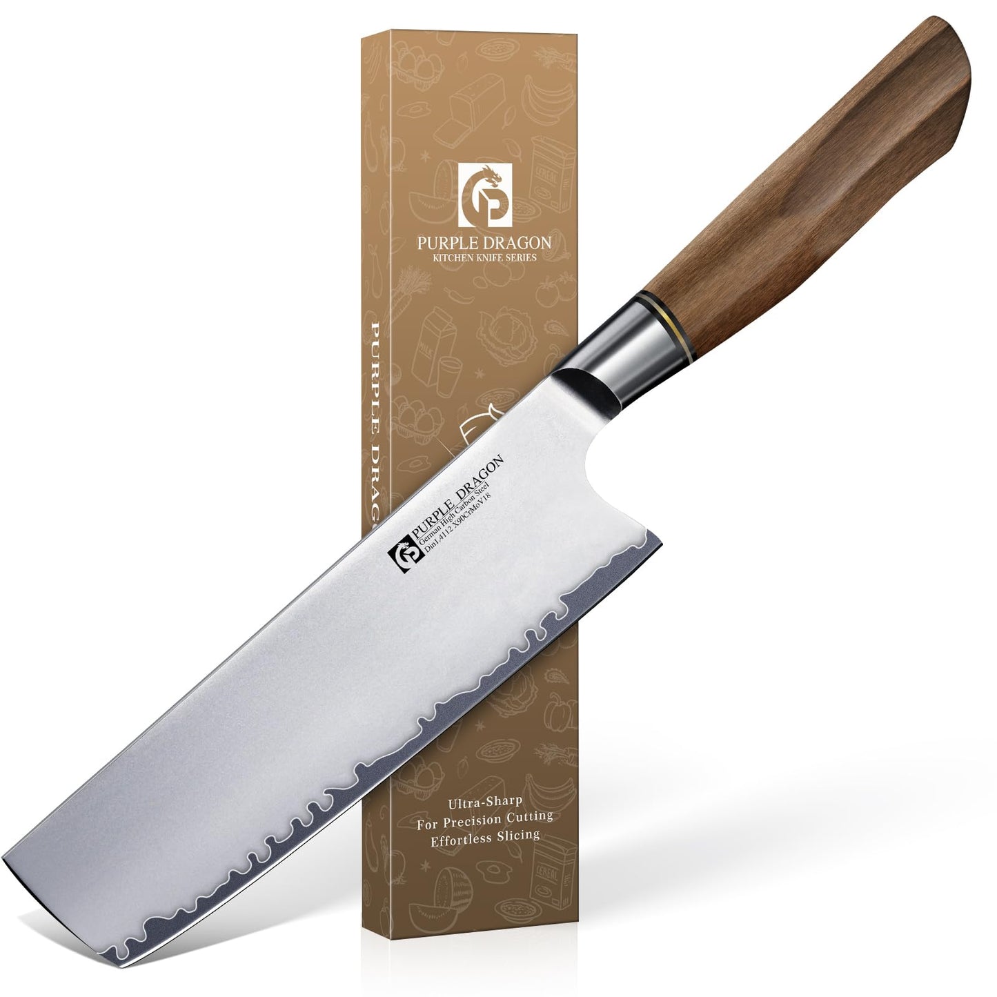 Purple Dragon Santoku Knife 7 Inch Japanese Chef Knife for Chopping Meat Cutting Vegetables, German Vg10 Steel Blade, Ergonomic Wooden Handle Christmas Gift for Men and Women