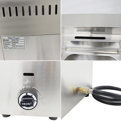 INTBUYING 6L Commercial Deep Fryer Single Tank LPG Gas Chips Stainless Steel Fryer with Fry Basket French Fries Fried Potato Chicken Frying Machine with Gas Regulator Valve