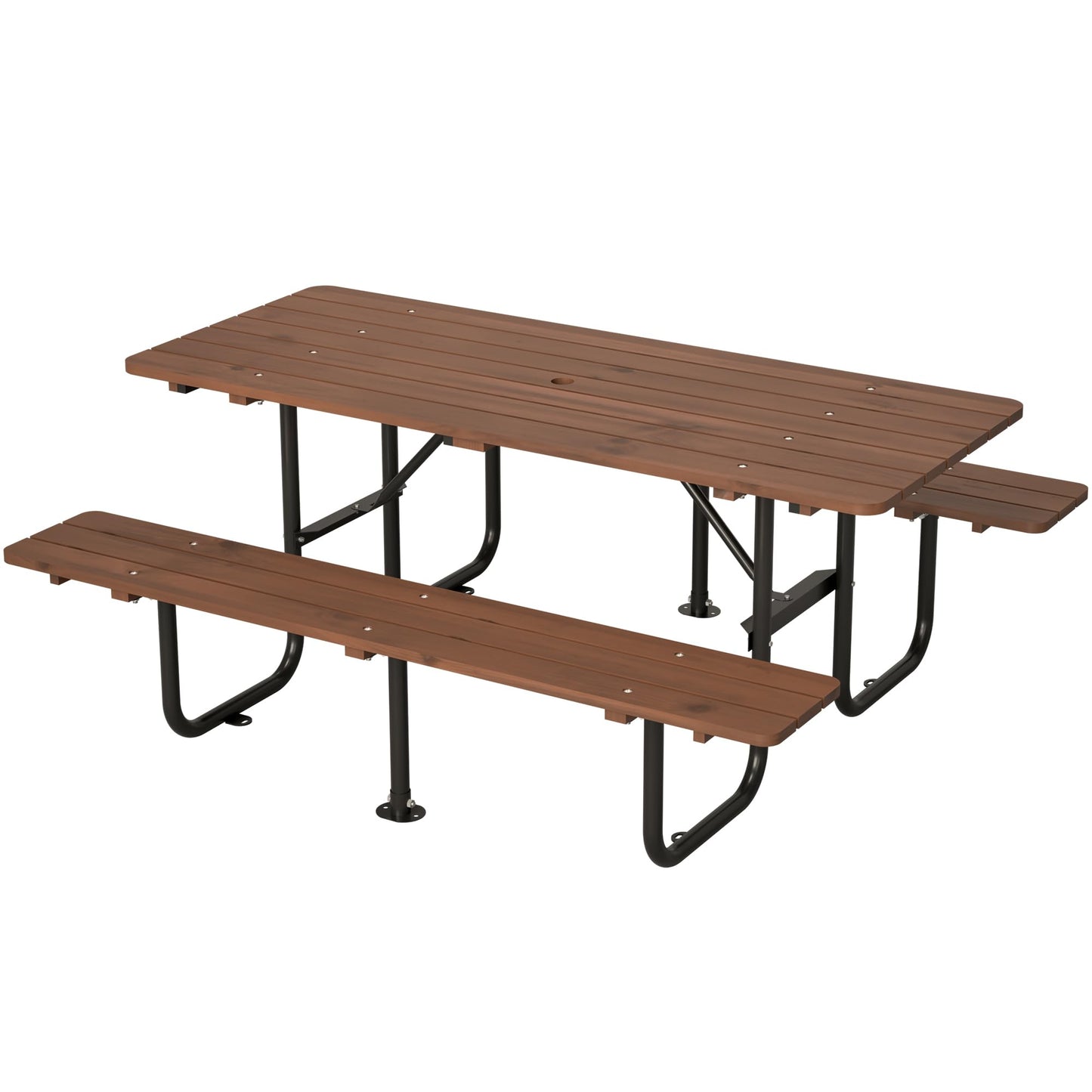 72" Rectangular Outdoor Picnic Table for 6 Person,Heavy Duty Wooden Dining Set with Built-in Benches,Metal Legs,1.97" Umbrella Hole,Waterproof&Corrosion-Resistant,Ideal for Garden, Backyard,Brown