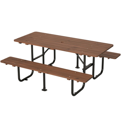 72" Rectangular Outdoor Picnic Table for 6 Person,Heavy Duty Wooden Dining Set with Built-in Benches,Metal Legs,1.97" Umbrella Hole,Waterproof&Corrosion-Resistant,Ideal for Garden, Backyard,Brown