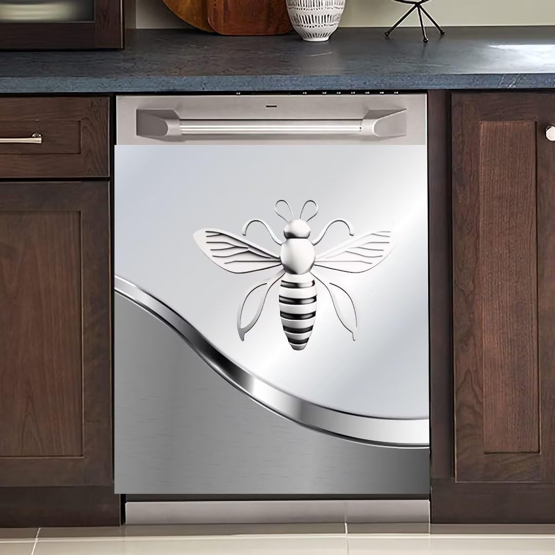 Dishwasher Magnet Cover Kitchen Decor, Silver Stainless Steel Bee Pattern Vinyl Decal, 23 W x 26 H