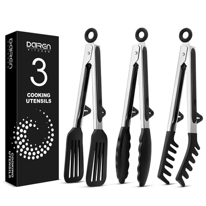 Kitchen Tongs for Cooking, Non Scratch Silicone Tip for Nonstick Cooking Pans, Food Grade Mini Serving Tongs, Pull Lock, Set of 3, Black (BLack, 9 inch)