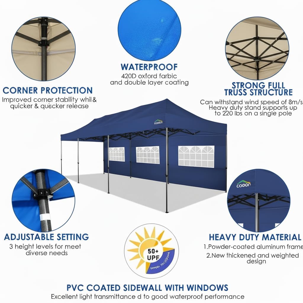COBIZI 10x30 Pop up Canopy Heavy Duty with 8 Sidewalls,Easy Set-up Commercial Outdoor Party, Foldable UPF 50+ Waterproof Commercial Easy up Canopy with Wheeled Bag, Dark Blue