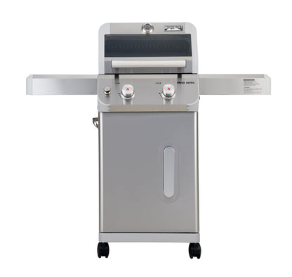 Monument Grills 2-Burner Stainless Steel Liquid Propane Gas Grill, Two Foldable Shelves Patio Garden Barbecue Grill with Clearview® Lid, Knob Control Mesa200S