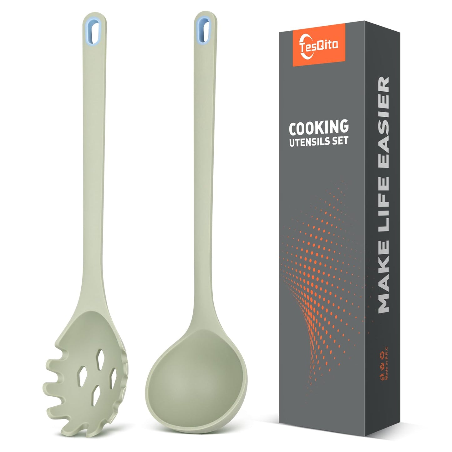 Silicone Spaghetti Spoon&Soup Ladle Cooking Utensils Set of 2,No Scratch for Nonstick Cookware,BPA Free, 450℉ Heat Resistant (Green)