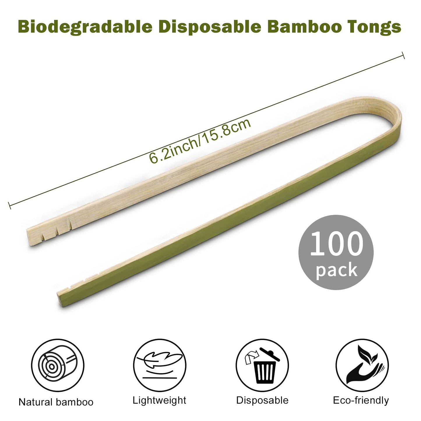 Mini Bamboo Tongs Disposable 100 Pcs 6.2 Inch Long Wooden Tongs for Charcuterie Large Cooking Utensils for Toaster Serving Food Natural Green for Catering Buffet Home