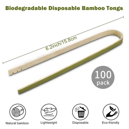 Mini Bamboo Tongs Disposable 100 Pcs 6.2 Inch Long Wooden Tongs for Charcuterie Large Cooking Utensils for Toaster Serving Food Natural Green for Catering Buffet Home