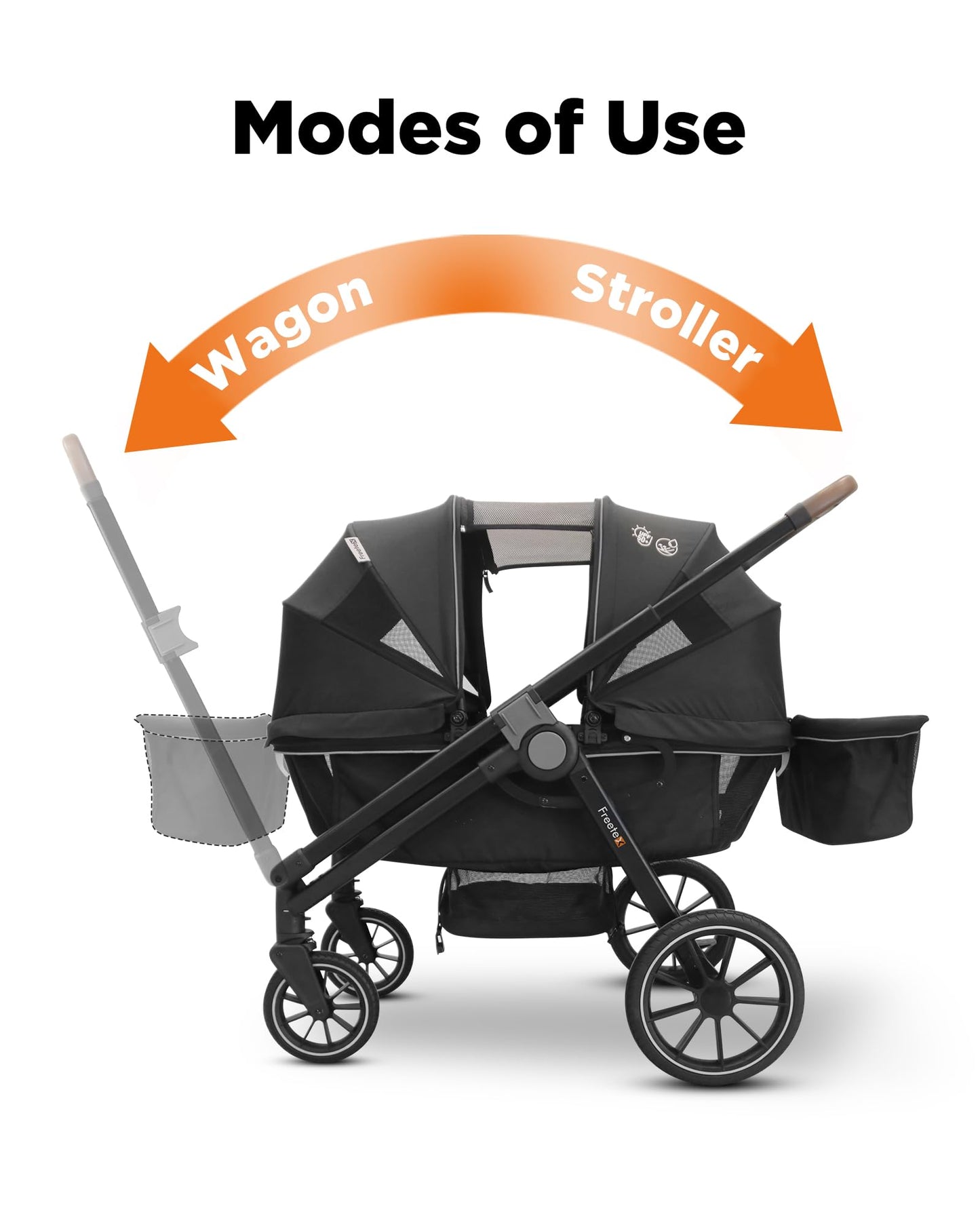 Freetex Wagon Stroller for 2 Kids, Double Seat, All-Terrain with Removable UV-Protection Canopy, Adjustable Push/Pull Handle, Cup Holders & Snack Tray for Baby and Toddler