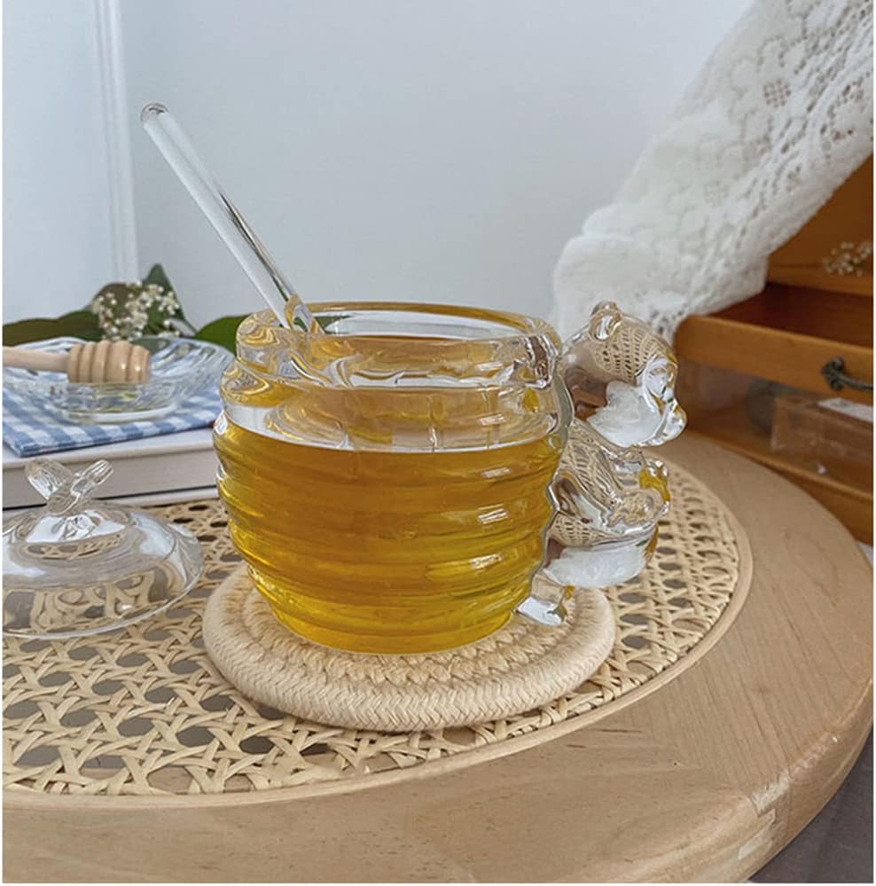 XIZHI 200ML Glass Honey Jar with Bee Decoration Lid and Small Bear Decorative Handle Transparent Honey Pot for Home