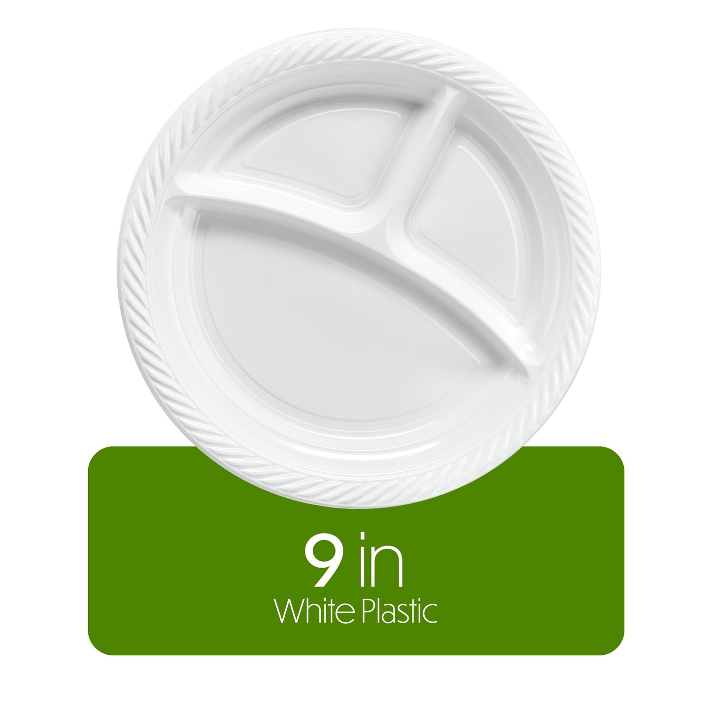 PLASTICPRO 9 inch Round Plastic Plates 3 Compartment - 3 Section Plates Microwaveable, Disposable, White, Dinnerware 400 Count