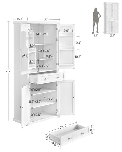 VASAGLE Pantry Cabinet, 71.7-Inch High Freestanding Tall Cupboard Storage Cabinet with a Drawer, 2 Cabinets, 4 Adjustable Shelves, 6 Door Shelves, for Living Room, Kitchen, White UBBC561P31V2