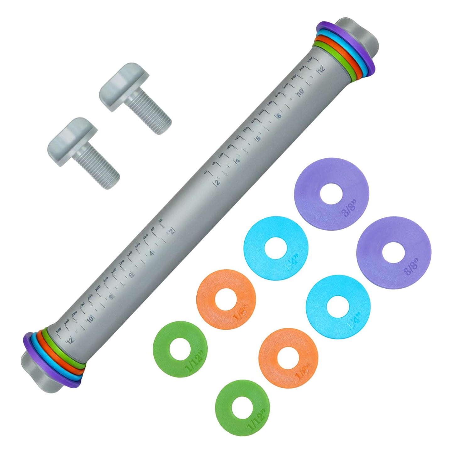 Adjustable Rolling Pin with Thickness Rings, 12.8" Silicone Non Stick Dough Roller for Pizza, Pastry, Fondant, Pie Crust, Baking Tool with Stainless Steel Core, Easy Clean