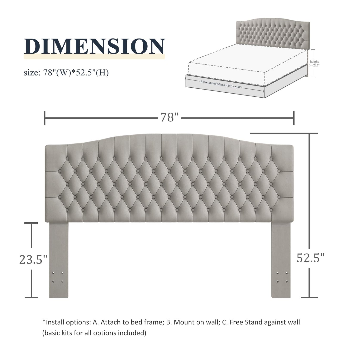 Befurtori King Headboard Only, Upholstered Headboard for Adjustable Bed Velvet Tufted Cal King Size Wall Mounted Head Board with Solid Wood Legs Head Board, Silver Gray
