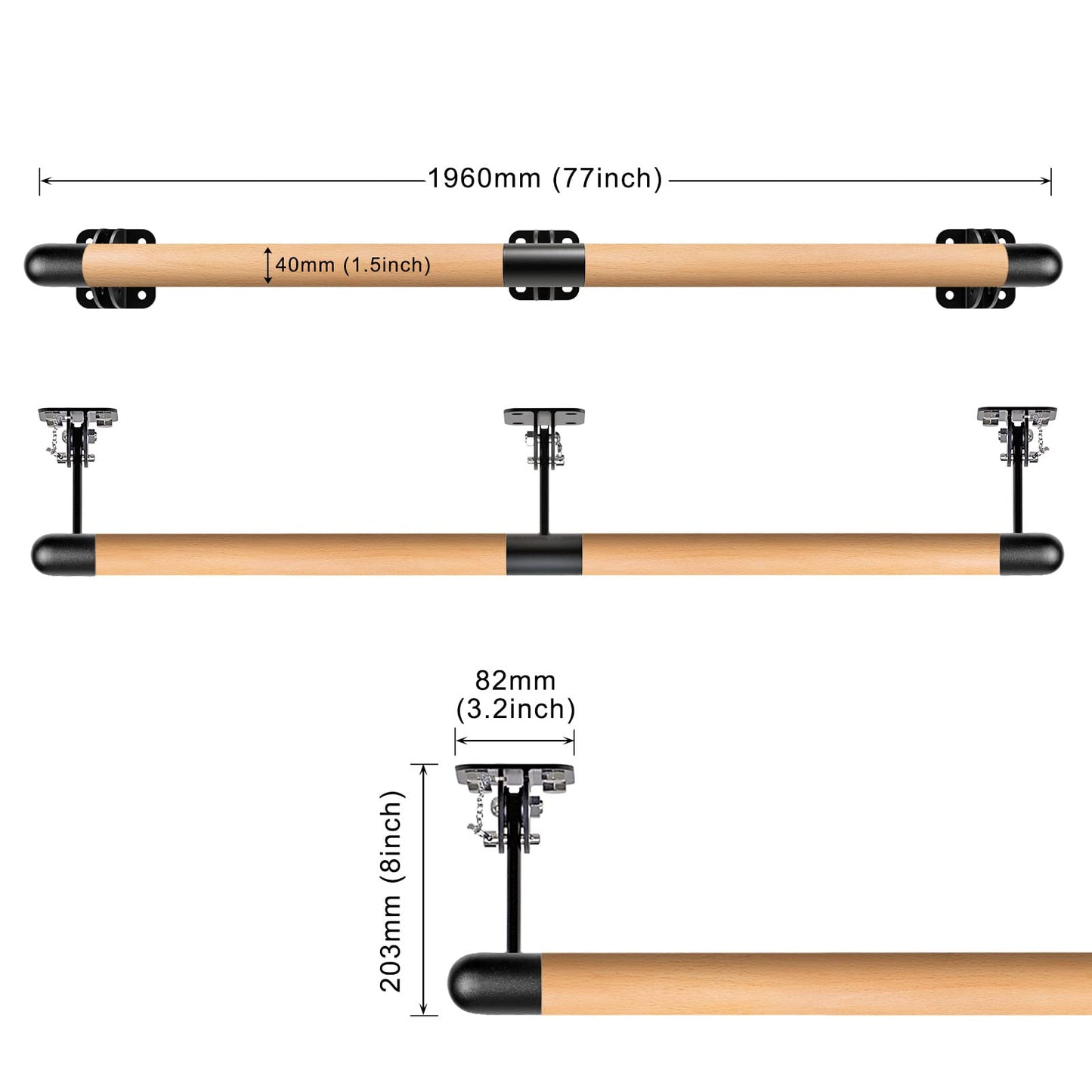 Dolibest 6ft Wall Mounted Traditional Wood Ballet Barre, 4ft Freestanding Wood Ballet Bar, Height Adjustable Ballet Bar,System Stretch/Dance for Home Barre Workout Equipment for Kids and Adults