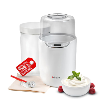 Euro Cuisine YM260 Yogurt Maker with Adjustable Time & Temperature Control, 2-Quart Glass Jar, Free Thermometer & Cotton Strainer Bag, 2025 Edition, White, Make Yummy Organic Probiotic Yogurt at Home