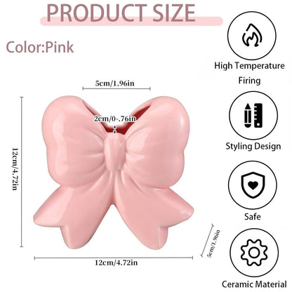 Bow Pen Holder for Desk, Coquette Ceramic Pencil Organizer Makeup Brush Holders with Bow, School Supplies Cute Office Decor, Back to School Accessories for Teachers Appreaction Gift for Women(pink)
