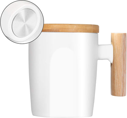 14oz HOWAY Flat Bottom Mug with Wood Lid, Ceramic Tea Cup for Coffee Warmer, Universal, Flat Bottomed, Wooden Handle