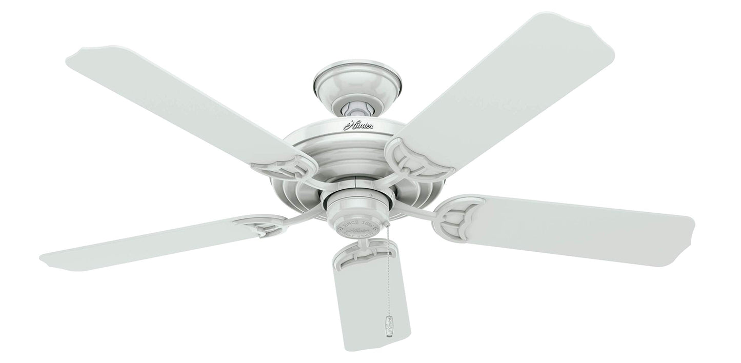 Hunter 52 inch Outdoor or Indoor Ceiling Fan No Light - White Ceiling Fan without Light, For Patio, Porch, Garage, or Living Room, Standard Mount, 5 Blades, Pull Chain - Sea Air 53054, White