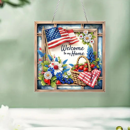 SHLUHA Diamond Art Kits for Adults Diamond Art Welcome Design Special Shape Acrylic Hanging Pendant Crystal Mosaic Home Wall Door Window Decor with Chain Handmade Gift with American Flag(LG53)