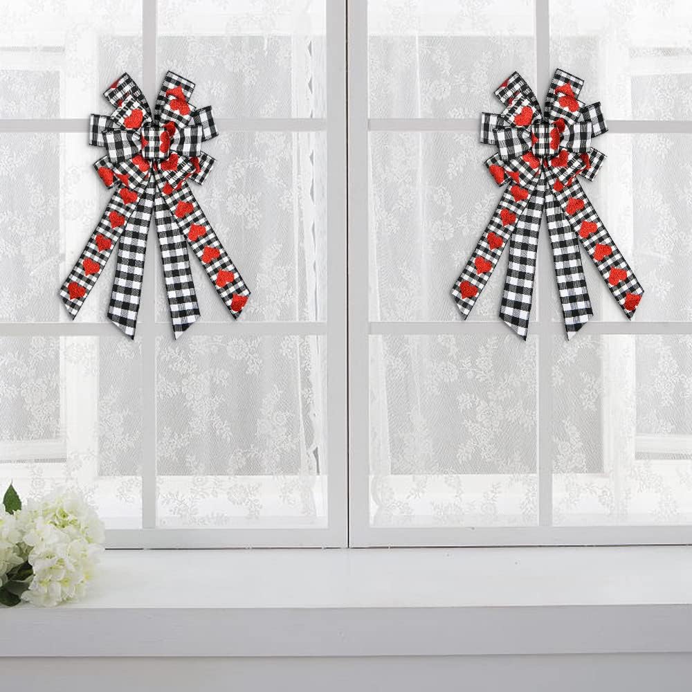 Hying Large Valentine's Day Bows for Wreath, Black White Buffalo Plaid Bows with Glitter Red Hearts for Decorations