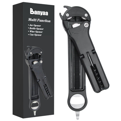 Banyaa 7 in 1 Jar Opener Bottle Opener and Wine Opener for Seniors with Arthritis, Weak Hands, Multi Retractable Magnetic Can Opener, Original Kitchen Lid Opener Tool (Black)