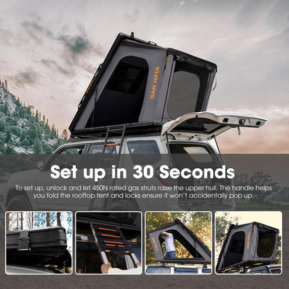 Sanhima Rooftop Tent Hard Shell - Hotham Overland Aluminium Roof Top Tent w/Larger Space, LED Strip Light & Skyview Window, 2” Thick Mattress, for Car SUV Truck Camping, 2-3 People, Gray