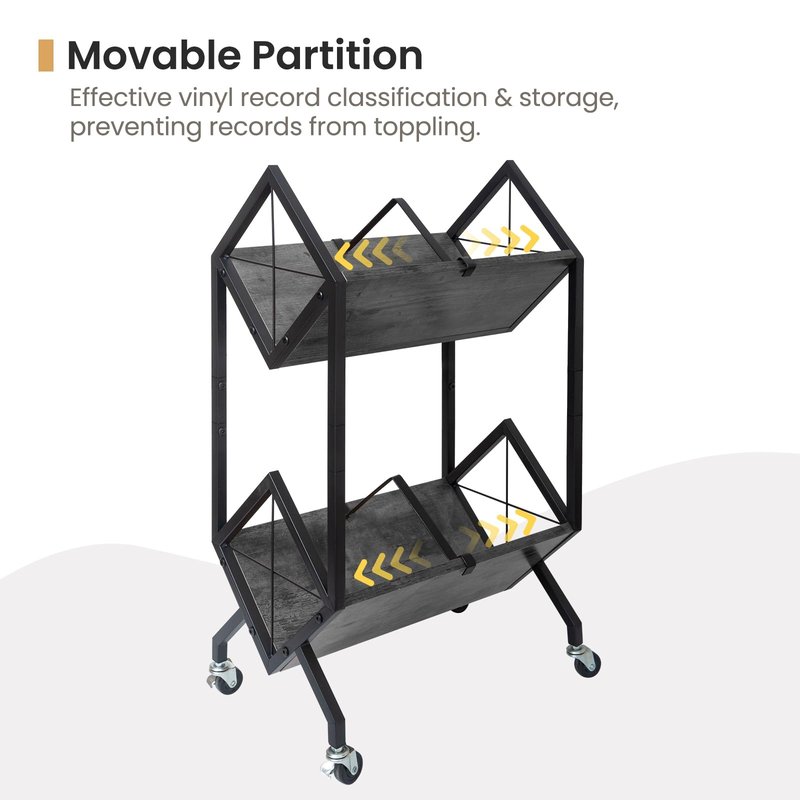 SwaaVee Vinyl Record Storage Holder with Wheels, 2-Tier Record Holder 160-200 LP with Dividers, Retro Style Quick Assembly Vinyl Record Display for Albums, Magazine, Book, Files(2 Tier- Gray)