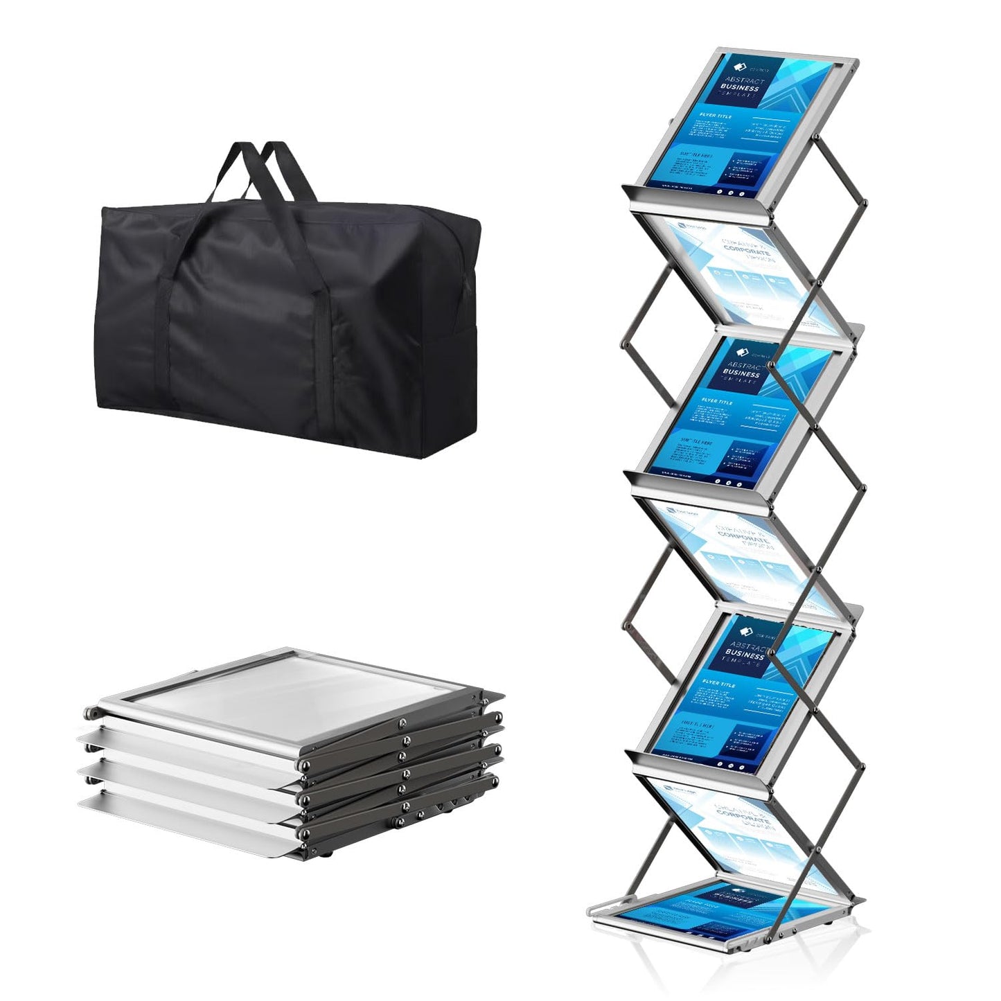 AceShow 6 Pockets Foldable Literature Rack - Aluminum Magazine Rack, Brochure Catalog Display Stand with Carrying Bag for Exhibition, Trade Show, Office, Retail Store, Home - Silver