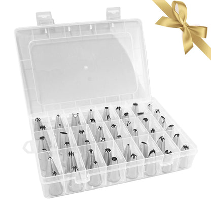Vvluvva Piping Tips Set with Organizer Case, Stainless Steel Cake Decorating Tips for Cupcakes Cookies and Pastries, Cookie Icing and Buttercream Frosting Kit with Pattern Chart (A-48Pcs)