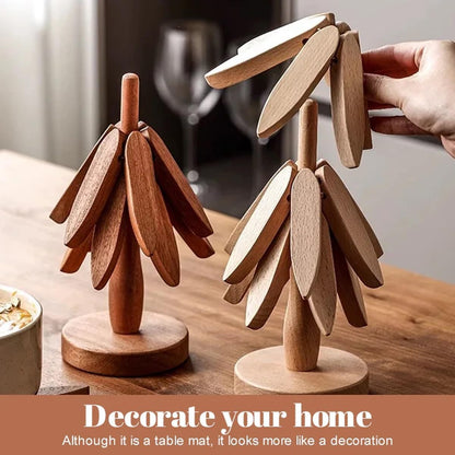 Wood Natural Tree Trivet Set, Christmas Tree Shape Trivets for Hot Dishes, 3-Piece Wooden Set with Stand for Pots, Bowls, Teapots (Dark Brown)