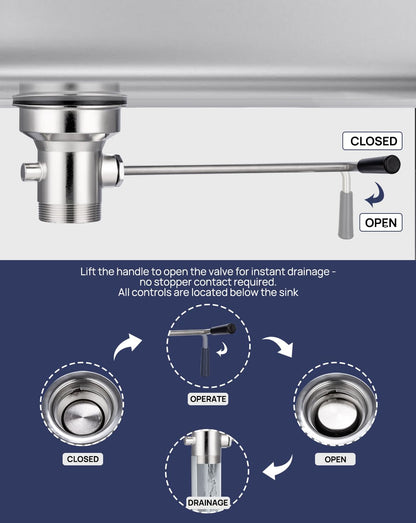 Sepaitek 3-1/2" Commercial Sink Drain with Twist Lever Handle, Waste Drain Valve Without Overflow Inlet for Restaurant 2/3 Compartment Sink, Easy Controll, Block-Free and Leakproof