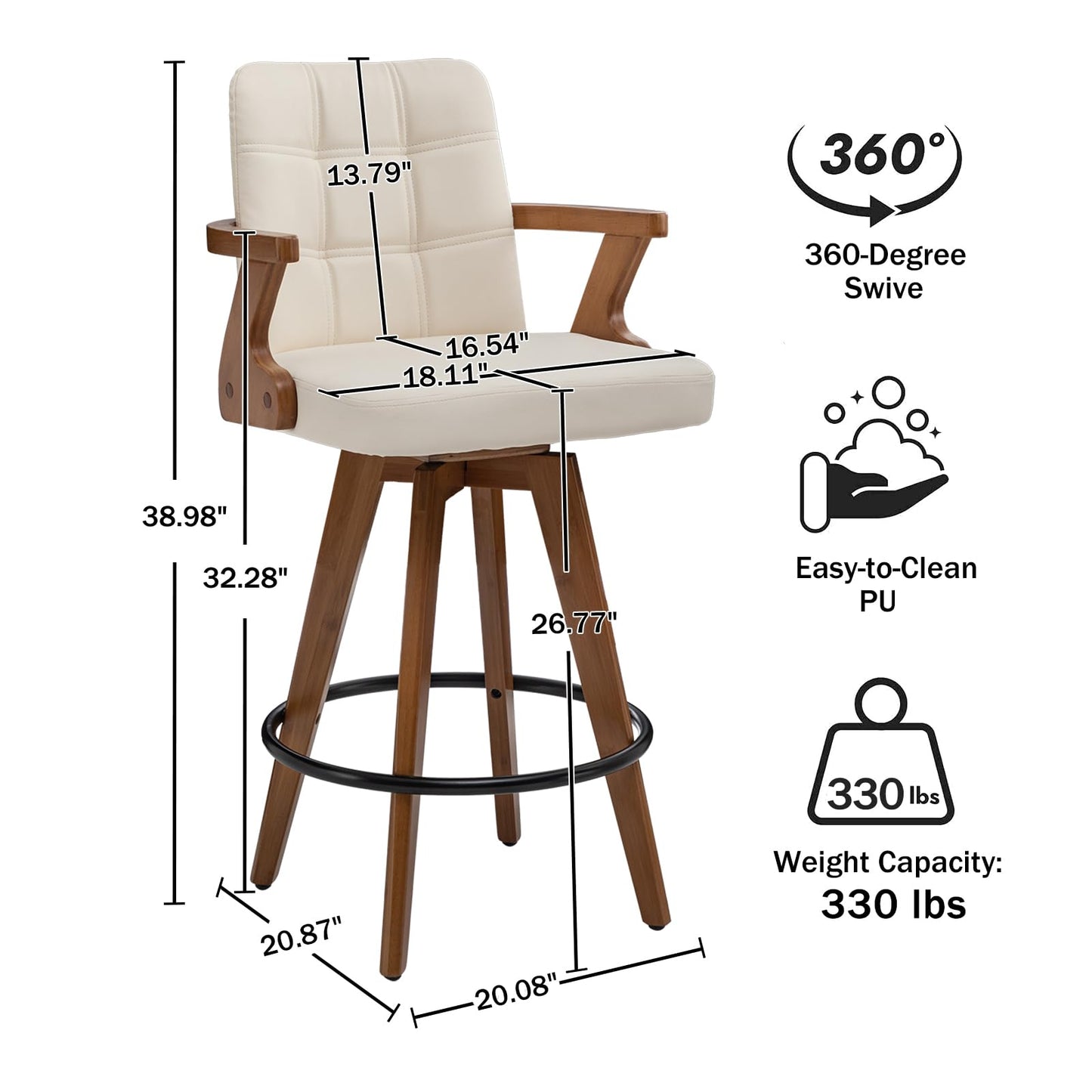 MEKLIBA 26” Counter Height Bar Stools,Leather Upholstered Bar Chair, Swivel Bar Stools with Back and Arms，Modern Beige Barstool Set of 2 for Kitchen Island