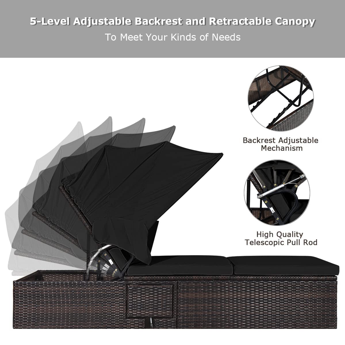 HAPPYGRILL Patio Chaise Lounge with Retractable Canopy, Outdoor Reclining Chair with Adjustable Backrest, Rattan Wicker Daybed with Coffee Table for Beach Poolside Backyard Balcony Porch