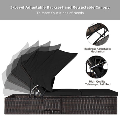 HAPPYGRILL Patio Chaise Lounge with Retractable Canopy, Outdoor Reclining Chair with Adjustable Backrest, Rattan Wicker Daybed with Coffee Table for Beach Poolside Backyard Balcony Porch