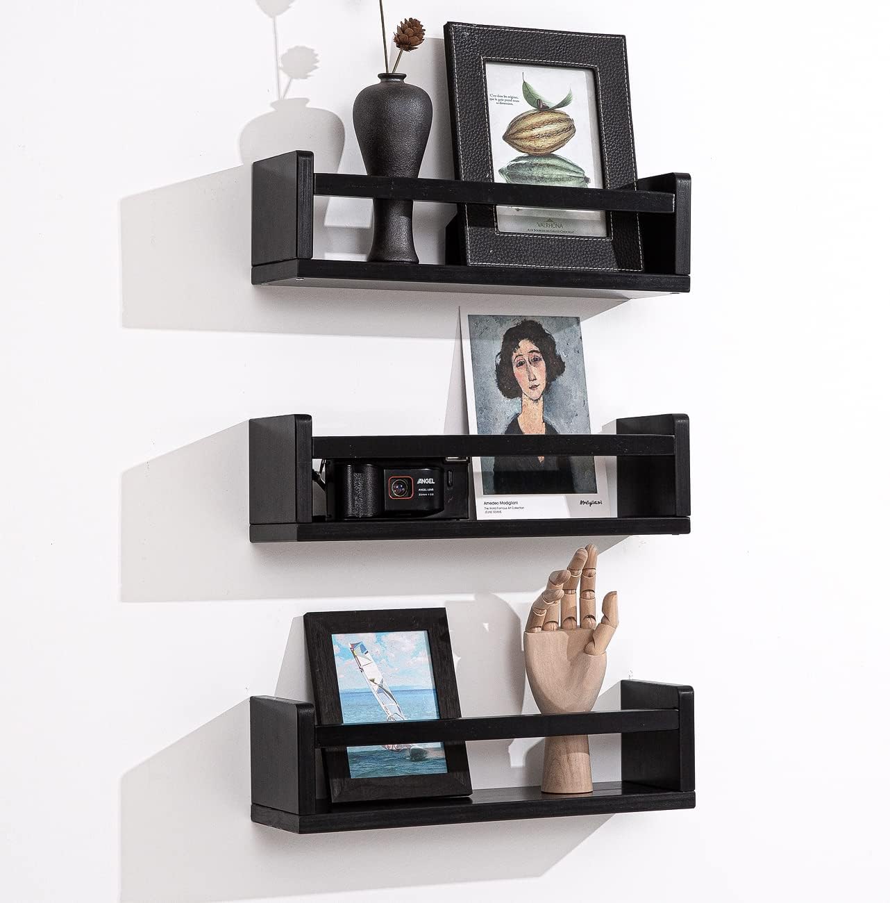 16 Inch Set 3 AZSKY Black Nursery Shelves of Wooden Floating Wall Bookshelf for Kids Nursery Shelves for Wall,Bathroom