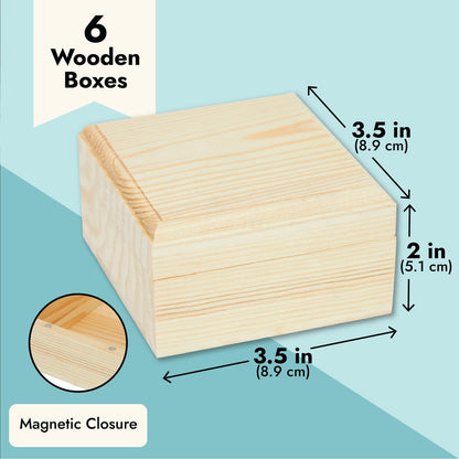 Bright Creations Wooden Box Set with Hinged Lids - 6-Pack, 3.5 x 3.5 x 2 In, Pinewood - Unfinished Boxes with Lids for Crafts & Paintable DIY Storage with Magnetic Closure for Jewelry & Craft Supplies