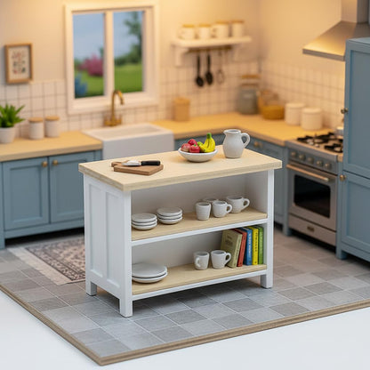 Miniature Dollhouse Kitchen Island, 1/12 Scale Wood Dining Table with Storage Shelves, Modern Furniture Accessories, Rectangular Mini Counter Shelving for Restaurant Pub Bar Decoration, White