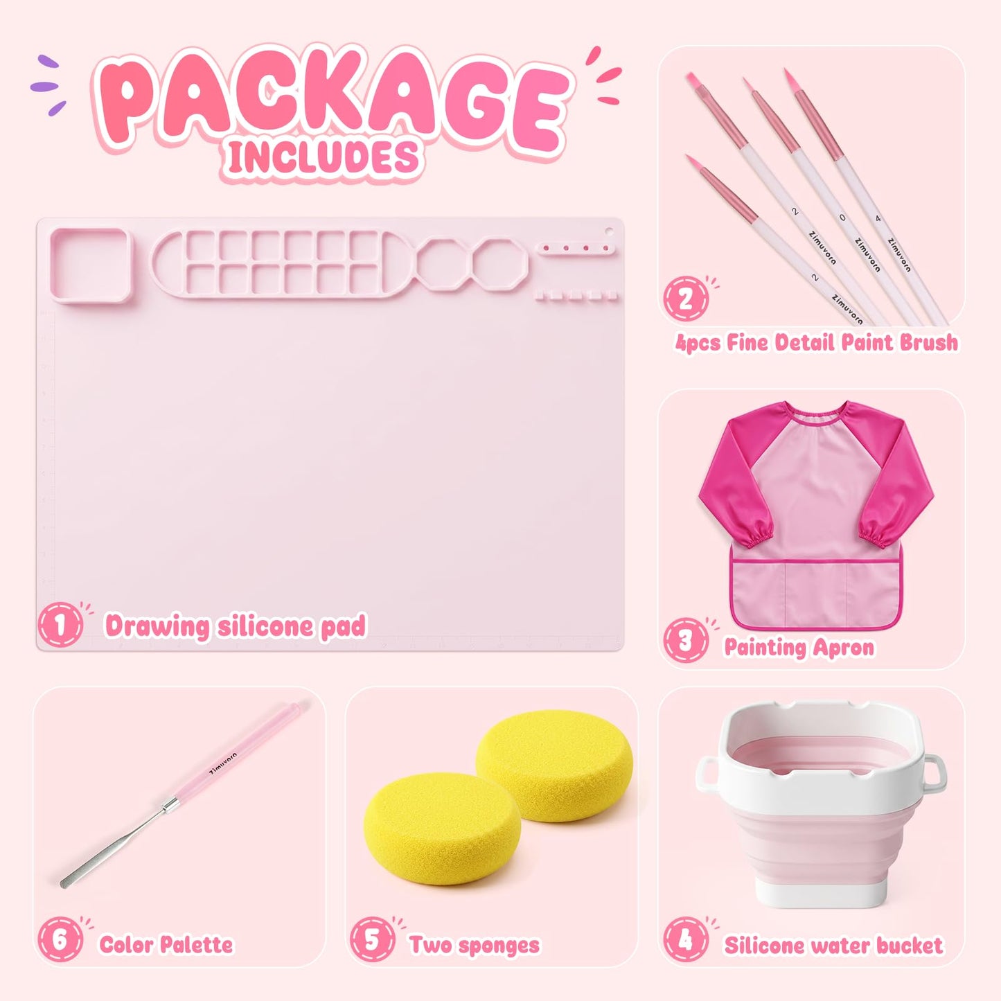 Zimuvora Silicone Painting Mat Set, Paint Mats for Kids with Foldable Silicone Cup, 4 Detail Paint Brushes, 2 Sponge Pads, Apron & Mixing Tool, Washable Art Table Mat (Pink)