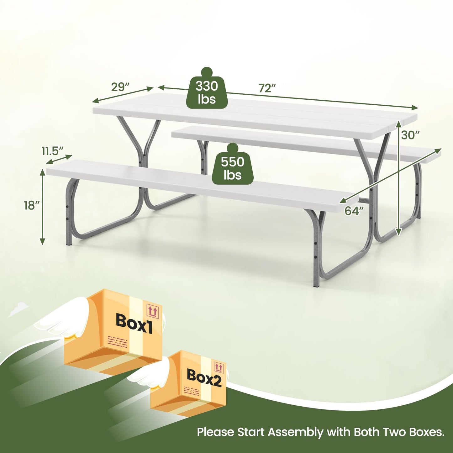 Giantex Picnic Table 6FT for 8 Person, Outdoor Table Set w/ 2 Benches, All-Weather HDPE Rectangular Tabletop, Heavy Duty Metal Legs, Umbrella Hole, for Patio Yard Lawn Party (White)