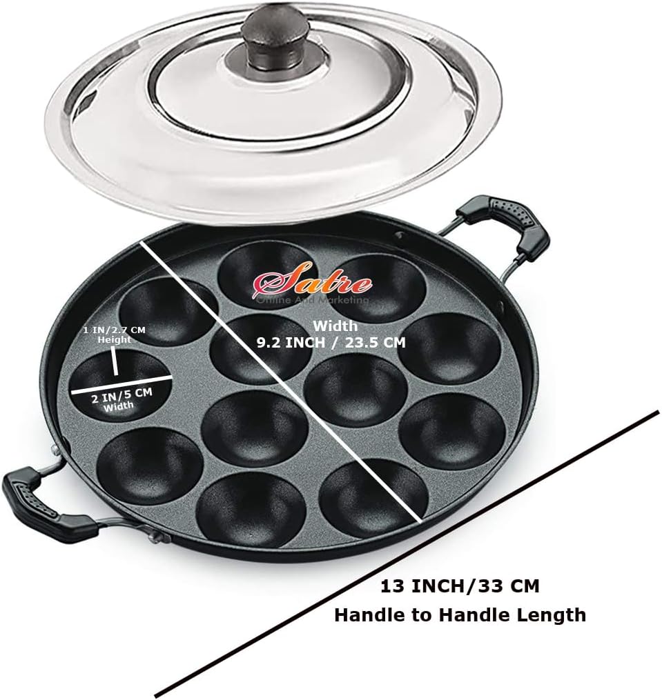 Satre Online Non-Stick Aluminium Appam Pan with Steel Lid, 12 Pits, Black & Silver