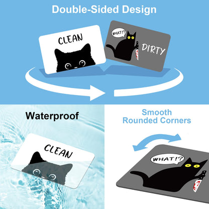 Funny Black Cat Cartoon Clean Dirty Dishwasher Magnet, Washing Machine Magnets Flip, Cute Cat Refrigerator Clean Dirty Sign, Double Sided Reversible Non Scratch Dish Washer Magnet Sign (White&Gray)