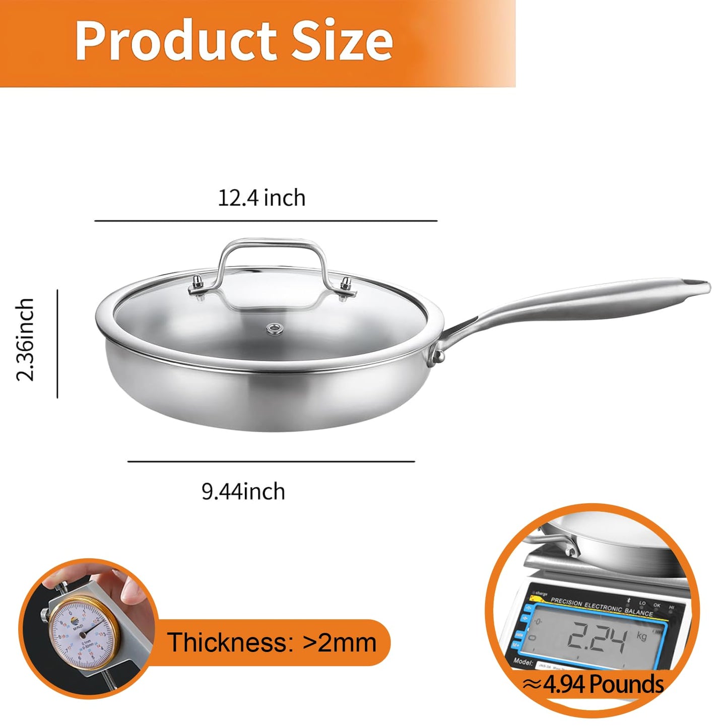 DELARLO Tri-Ply Stainless Steel Pan, 18/10 Frying Pan, Oven Safe Up to 600°F, Nontoxic Cookware, Compatible with All Cooktops Skillet, Durable, Fast Even Heat Fry Pan,12 inch Pan with Glass Lids