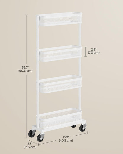 SONGMICS Slim Storage Cart, 4-Tier Metal Rolling Cart with Wheels, Flexible Baskets, Narrow Cart for Kitchen, Bathroom, Laundry Room, Easy Assembly, White UBSC065W01