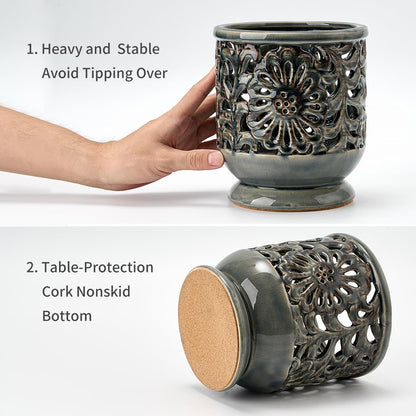 JH JIEMEI HOME Farmhouse Kitchen Utensil Holder for Countertop, Ceramic Large Cooking Utensil Crock with Cork Mat, Decorative Rustic Utensil Holder for Kitchen Counter, Hollow Carving Flower, Gray
