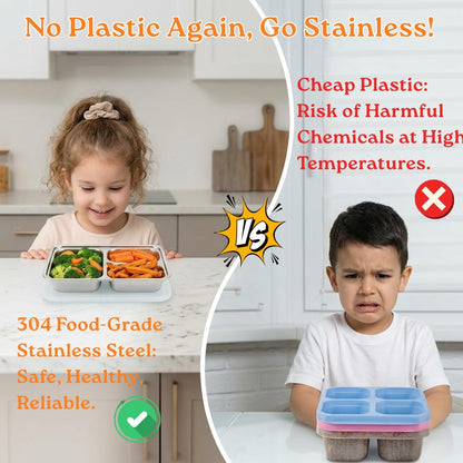 KUNSIMA 2 Pack Snack Containers for Kids, Stainless Steel Toddler Plates with Lids, 3 Compartment Food Container, Baby Plates, Stainless Steel Lunch Box for Kids, Bento Box Meal Prep Containers