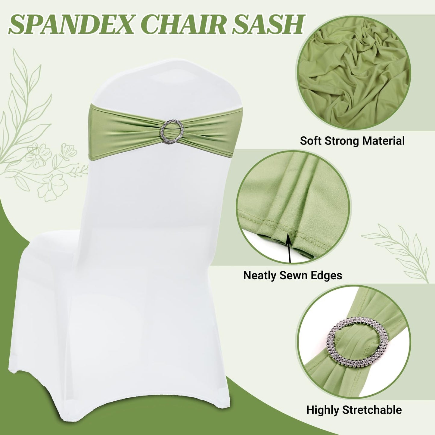 MDS Spandex Chair Sashes - Premium Stretch Covers with Buckle Slider | Universal Fit - Sage Green, Pack of 75